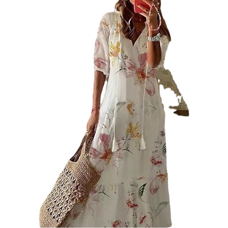 2025 European and American Cross-Border Hot Sale Casual Sweet Loose V Neck Printed Beard Mid-Sleeve Long Dress for Women in Stock