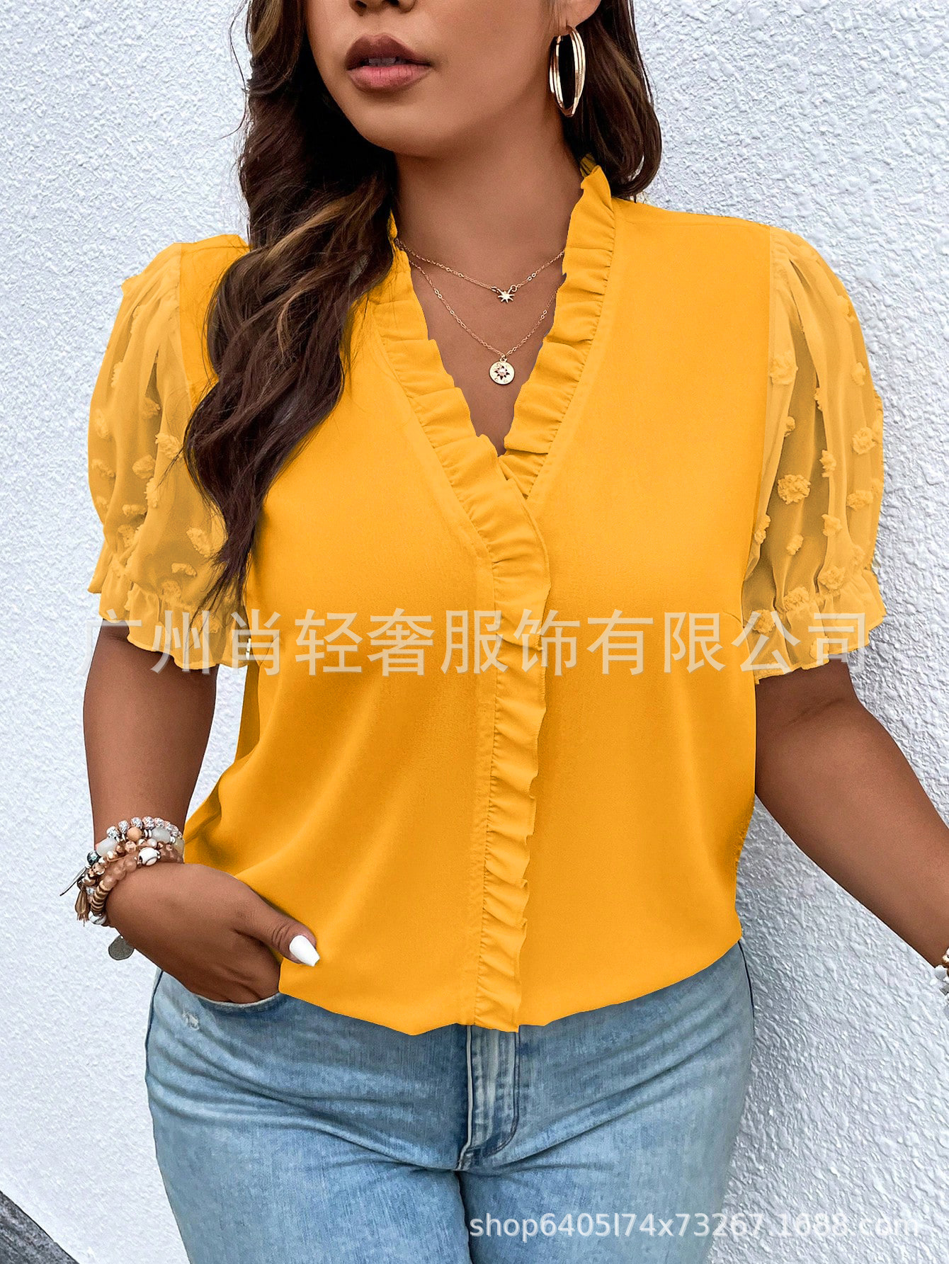 Picture of Cross-border European and American Women's Fashion Elegant Elegant V-neck Shirt Lace Stitching Top Hot Selling Explosions