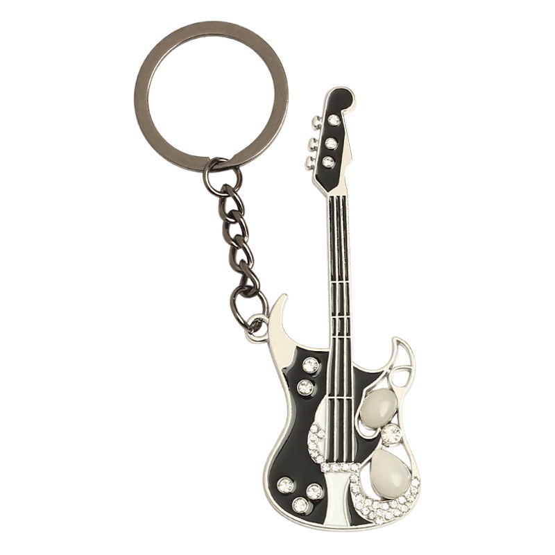 Cross-Border Spot Wholesale Creative Musical Instrument Pendant Car Bag Pendant Metal Dot Diamond Guitar Key Chain Chain