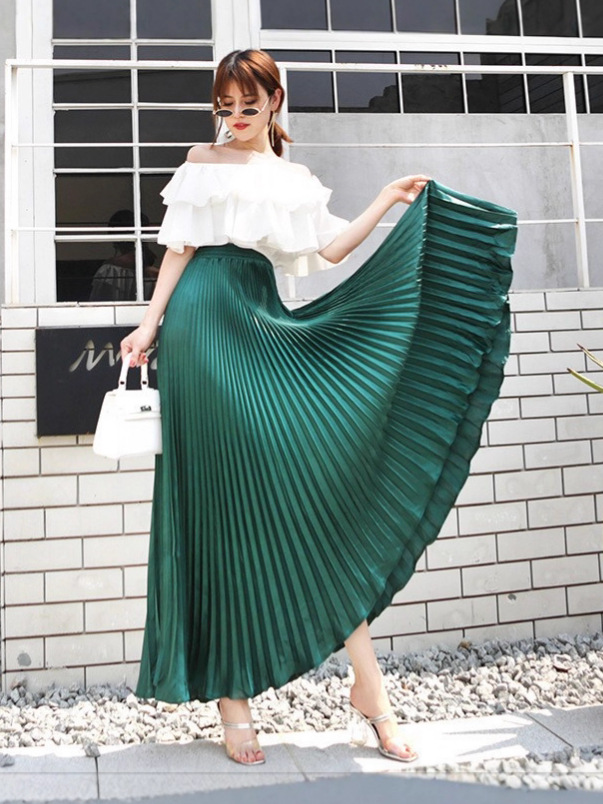 2025 New European and American Foreign Trade Women's Sedding Metallic Glossy Pleated Skirt, Long Accordion Skirt, Long Skirt, Midi Skirt