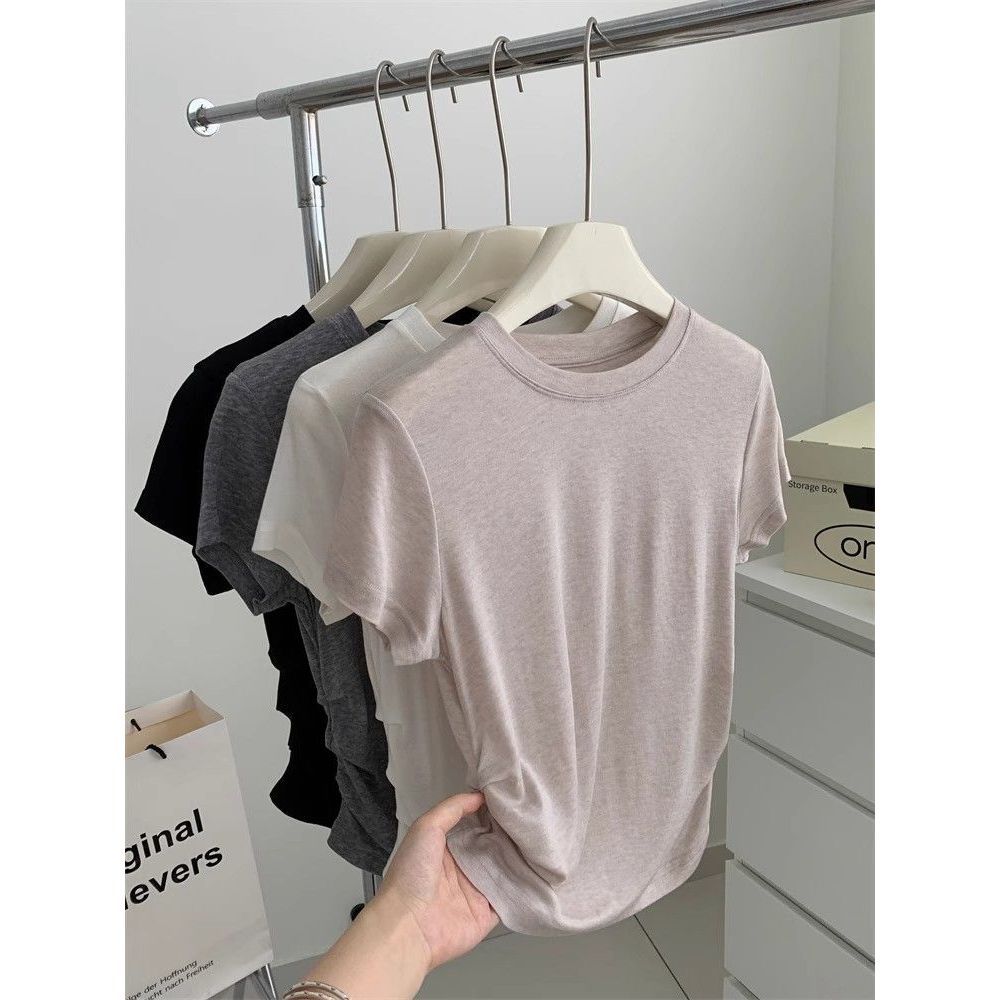 Thin stretch soft waxy T-shirt women's summer new Korean version slimming simple base shirt pleated waist top