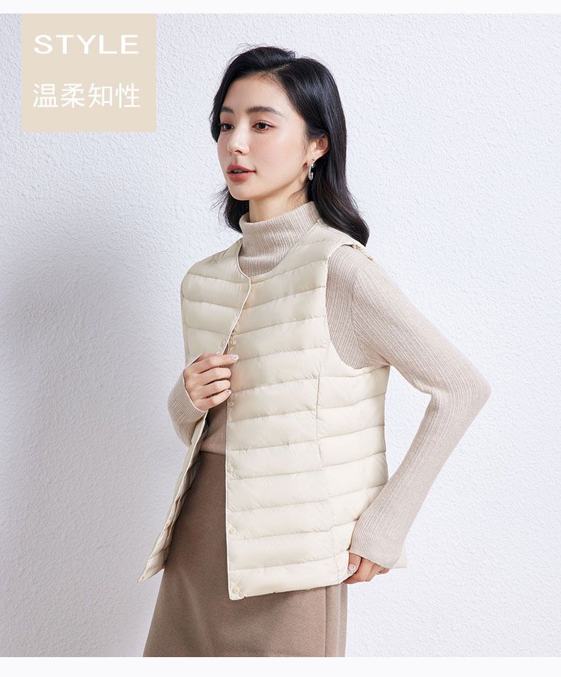 Picture of Autumn and Winter New Lightweight down Jacket Women's Liner Vest Short Round Neck Inner Wear Collarless Lightweight Bottoming Pure Color Vest