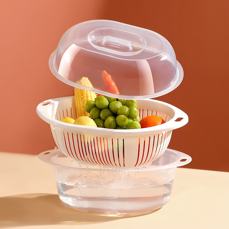Picture of Japanese-Style Double-Layer Draining Basket Large Dishwashing Basket Kitchen High-Value Vegetable and Fruit Washing Basin Fruit and Vegetable Draining Basin