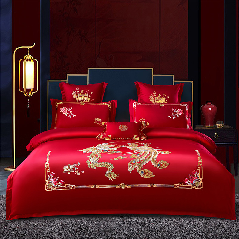 Picture of Wedding Four-Piece Set Embroidered Wedding Pure Cotton Bright Red Wedding Room Embroidered Bedding Quilt Bedding