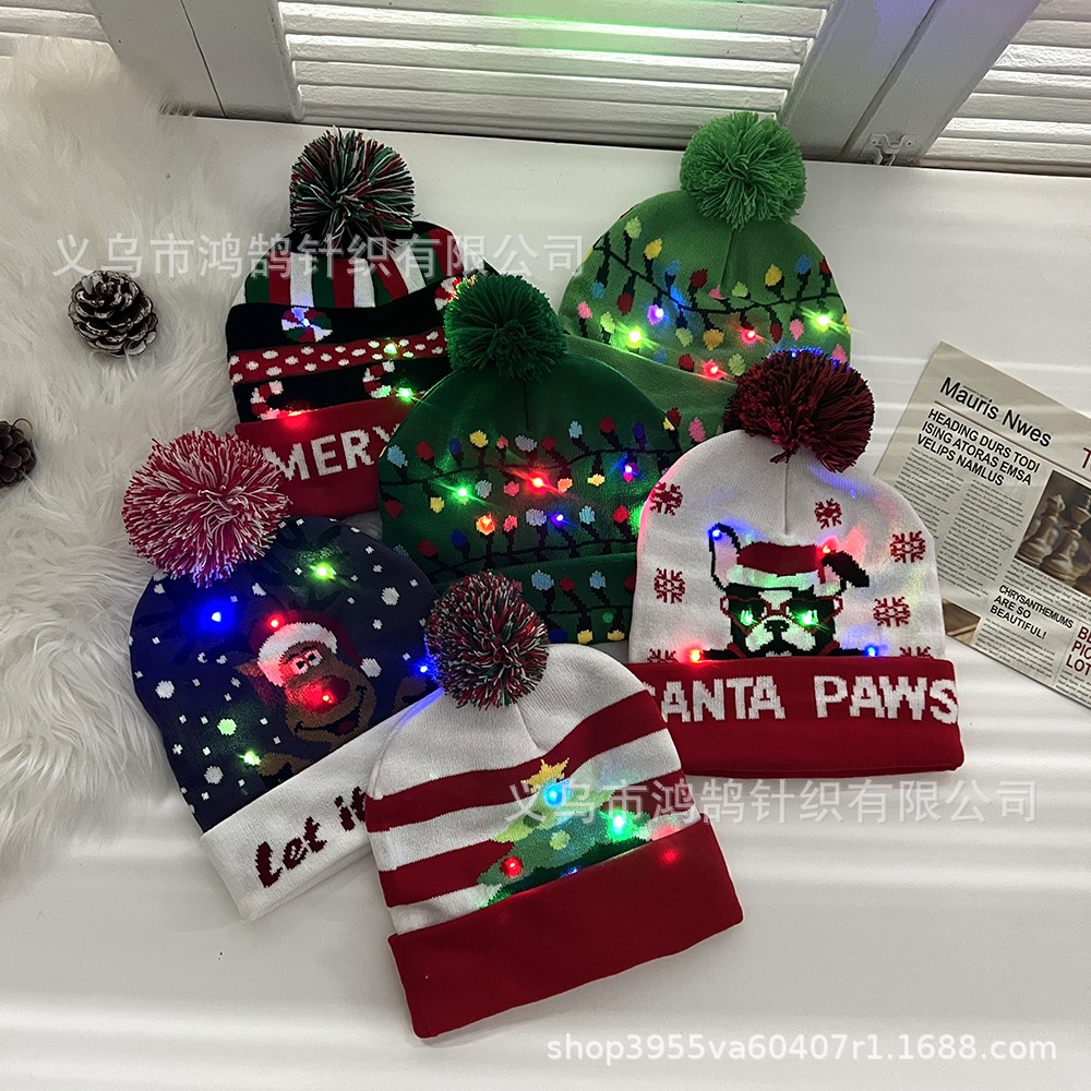 Christmas Hat with Light Autumn and Winter Christmas Party Knitted Hat LED Light Light Knitted Jacquard Wool Hat Foreign Trade