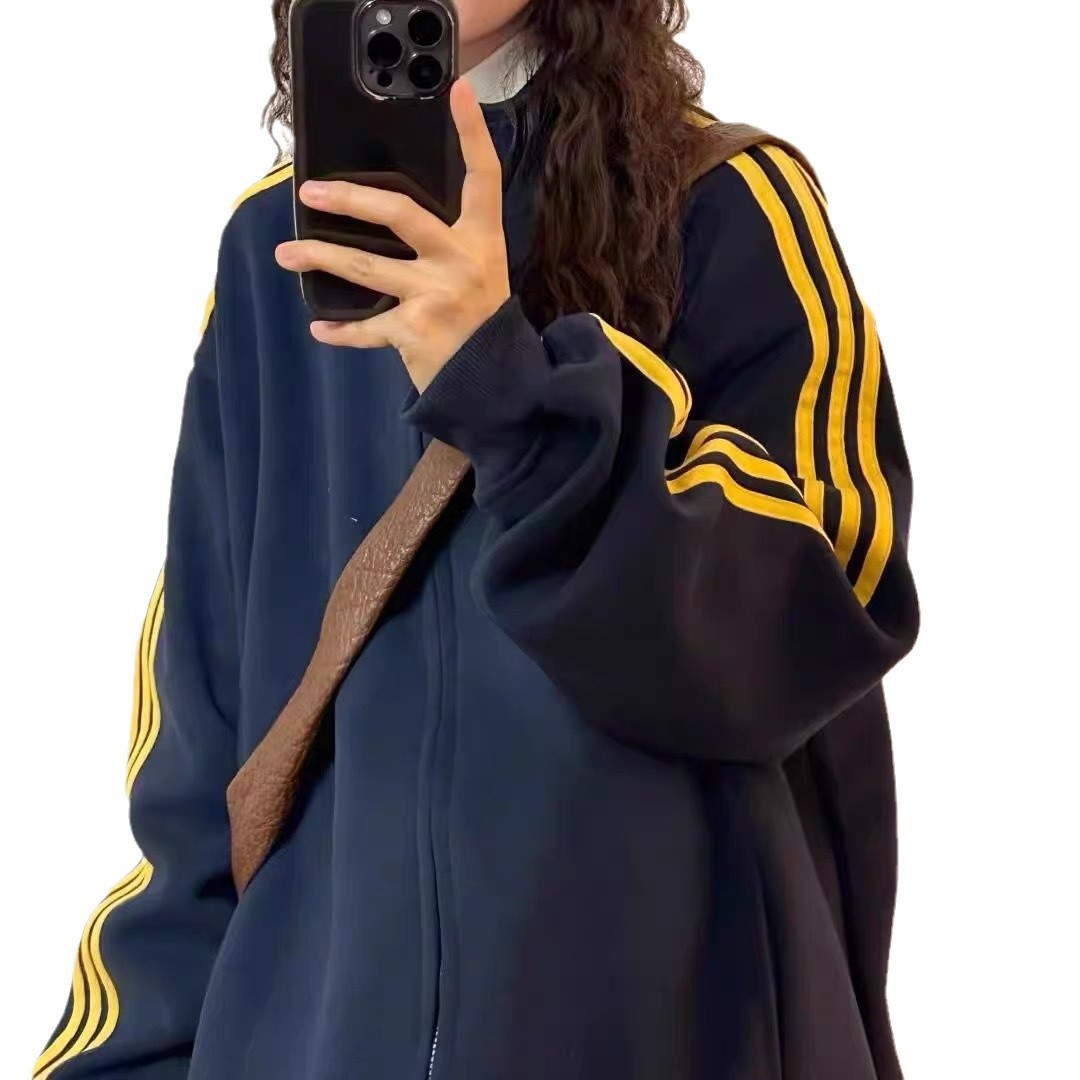 Picture of American-style Sports Casual Striped Zipper Sweatshirt Coat Women's Spring and Autumn Korean-style Baseball Suit Cool and Sruff Top Trendy