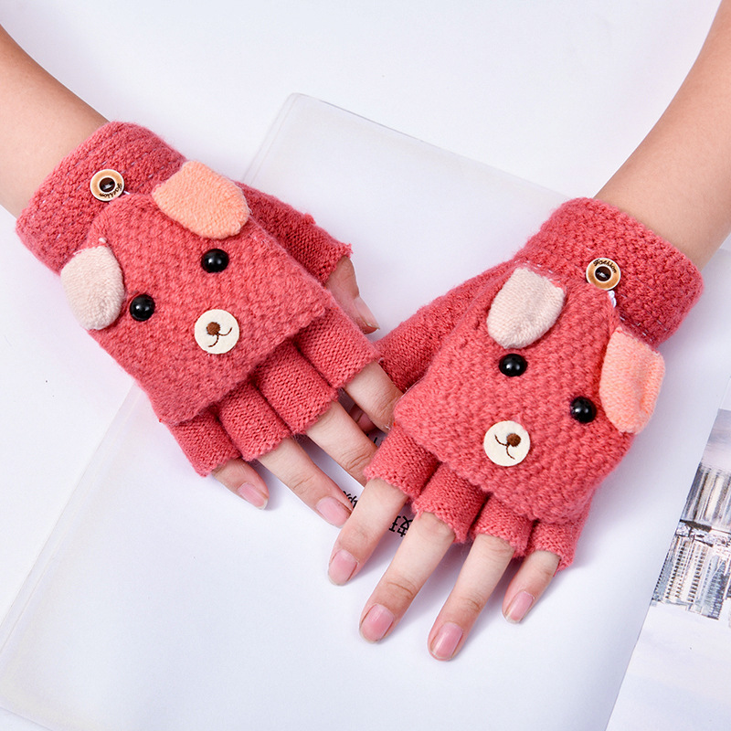 Picture of Children's flip gloves autumn and winter boys half finger warm cute Primary School students writing knitted dual-purpose gloves wholesale