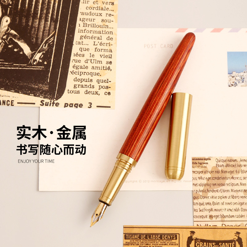 Picture of Manufacturer Wholesale Brass Sandalwood Business Ink Bag Pen Set Students Can Use Creative Gift Signature Pen with Engraved Logo