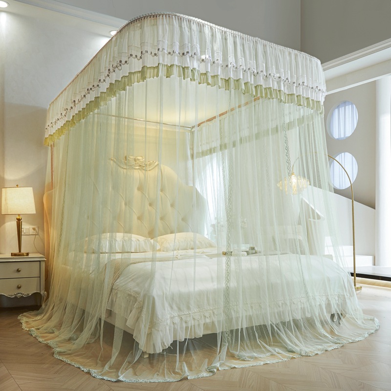 New U-Shaped Track Pulley Mosquito Net with Double-Layer Dense Mesh, Princess-Style Palace Floor-To-Ceiling Home Bedroom Bed Canopy