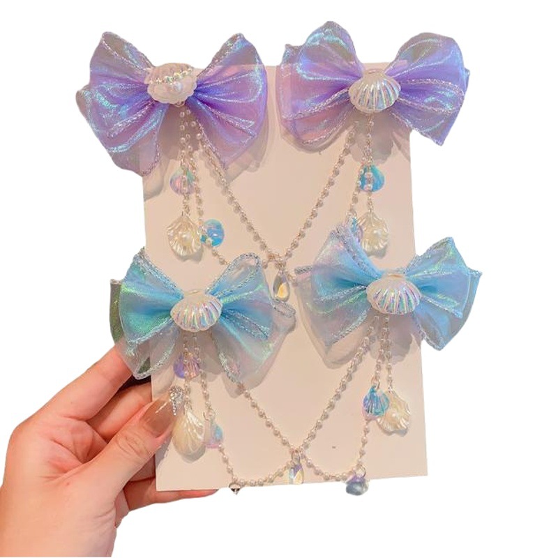 Baby cute Mermaid Princess Pearl tassel bow forehead chain hairpin children hair accessories girl hairpin