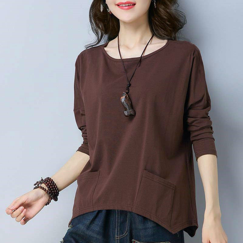 Solid color plus size women's design pocket long-sleeved T-shirt women's autumn 2023 New loose retro simple top