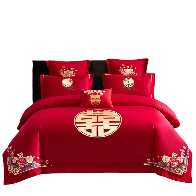 Picture of Wedding Four-Piece Set Embroidered Wedding Pure Cotton Bright Red Wedding Room Embroidered Bedding Quilt Bedding