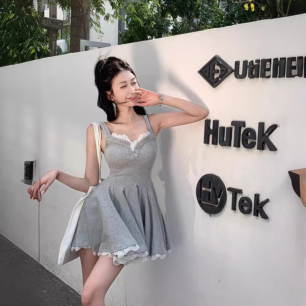 Lace Stitching Sexy Sling Dress Women's Summer Grey Spice Girl Puffy Skirt Slim-fit Waist A- line Short Skirt