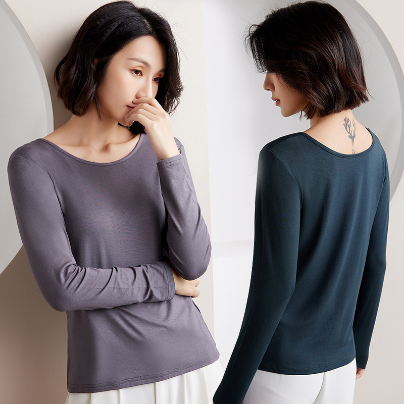 Picture of Women's Round Neck Inner Base Shirt for Autumn and Winter plus size Thin Autumn Clothes Solid Color Underwear Long-sleeved T-shirt for Women
