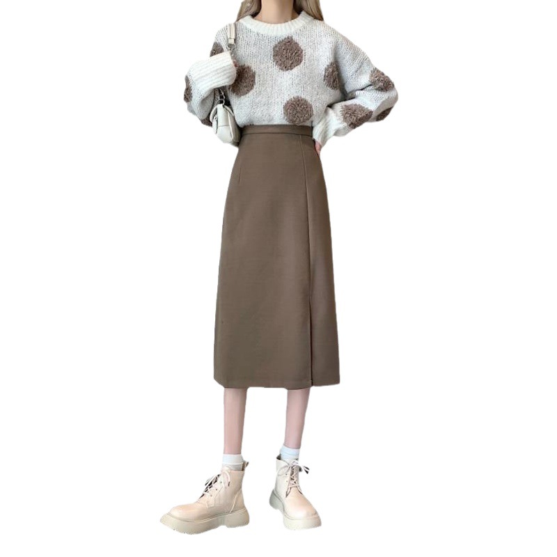 2025 New Autumn and Winter Large Size Fat mm Skirt High Waist Slit Mid-Length A-Line Skirt Slimming Look Black Hip Skirt