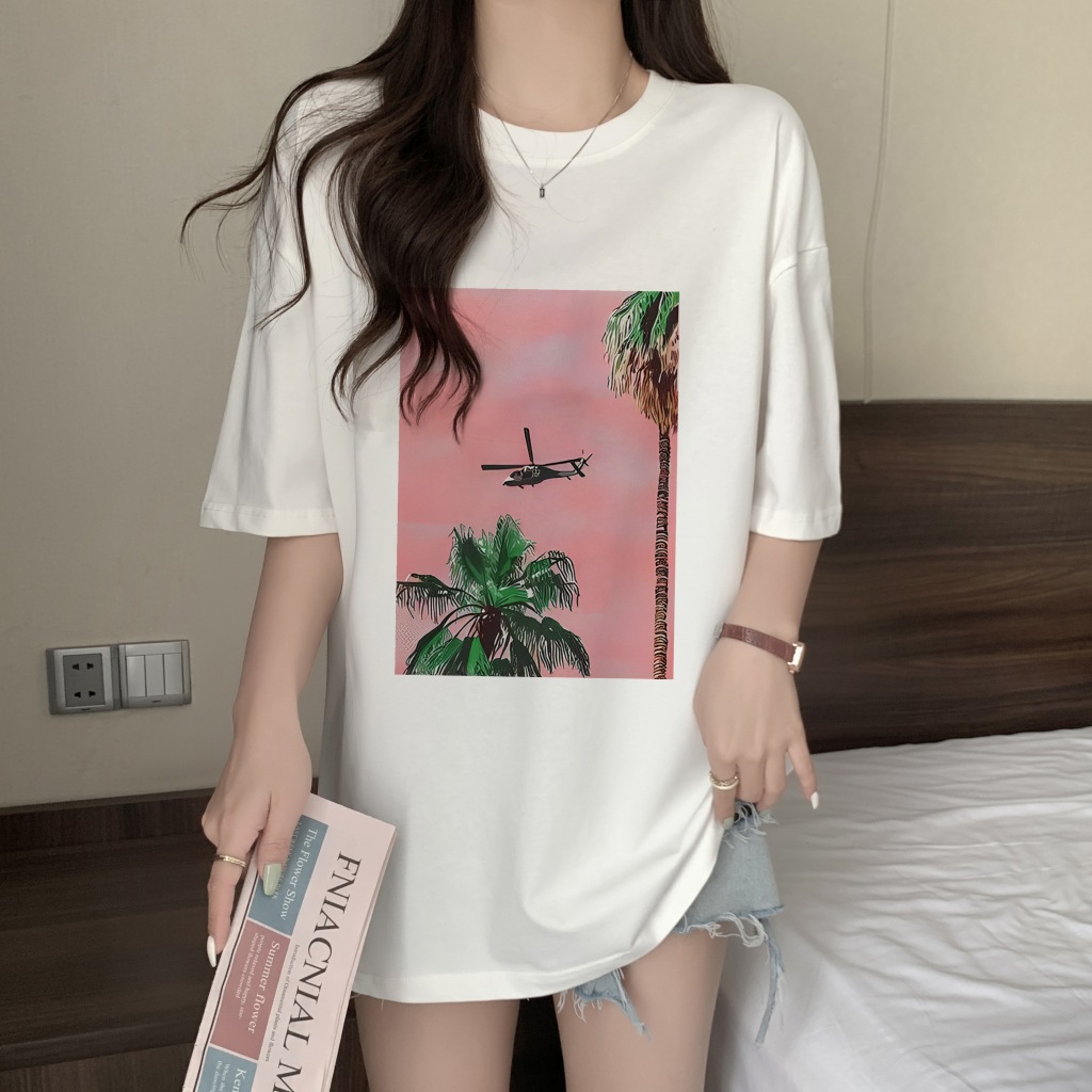 Women's Loose Korean-style Short-sleeved Cotton Printed T-shirt for Summer