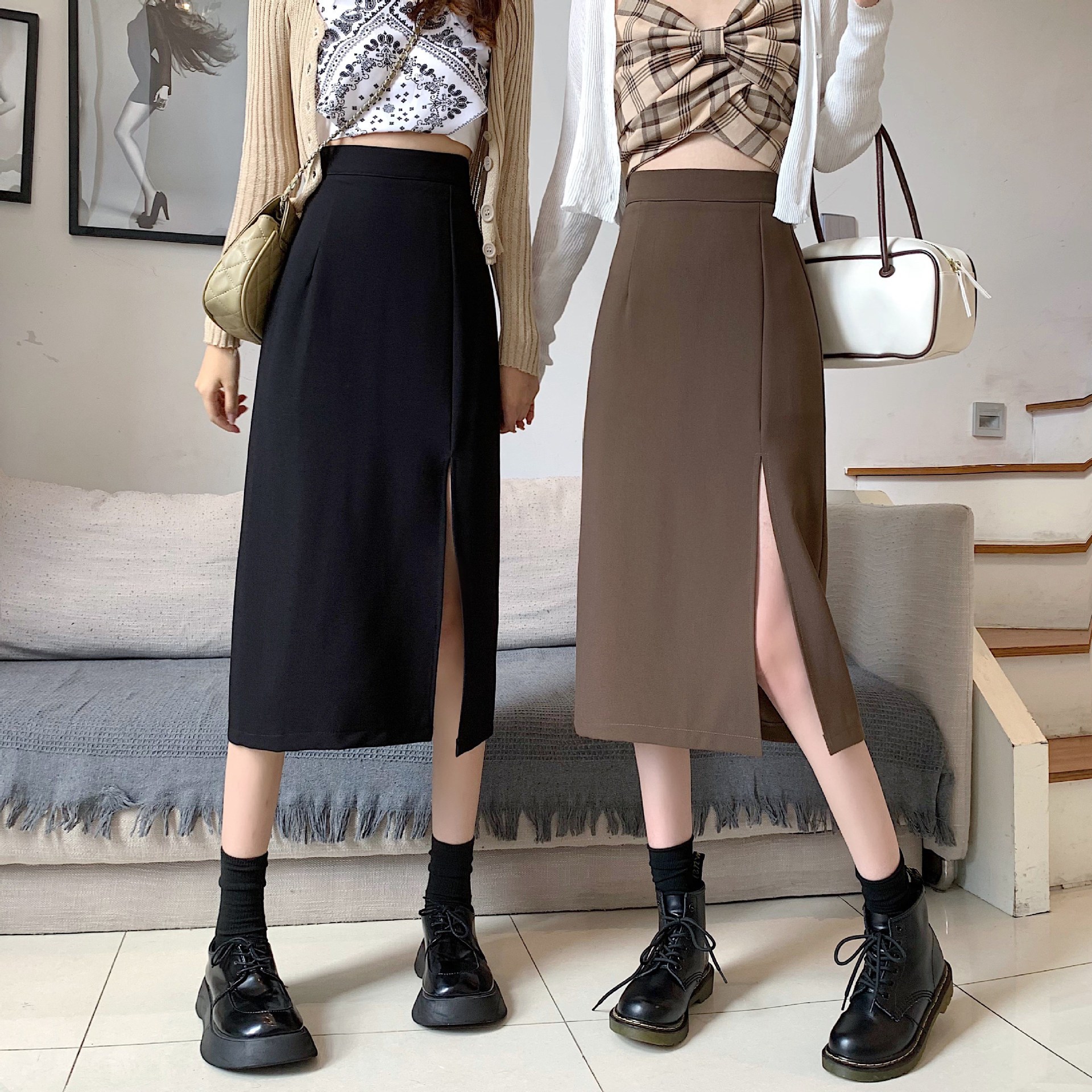 Women's Mid-length Skirt 2024 Summer New High Waist Split Black Slim Look Flesh Covering chubby girl plus size A- line Skirt