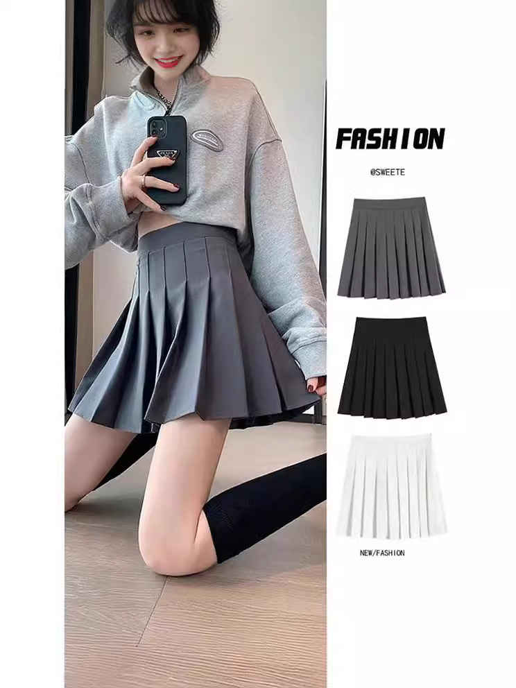 Pleated Skirt Women's Korean Style 2024 New College Style JK High Waist A- Line Skirt Gray Skirt Short Skirt for Small Men