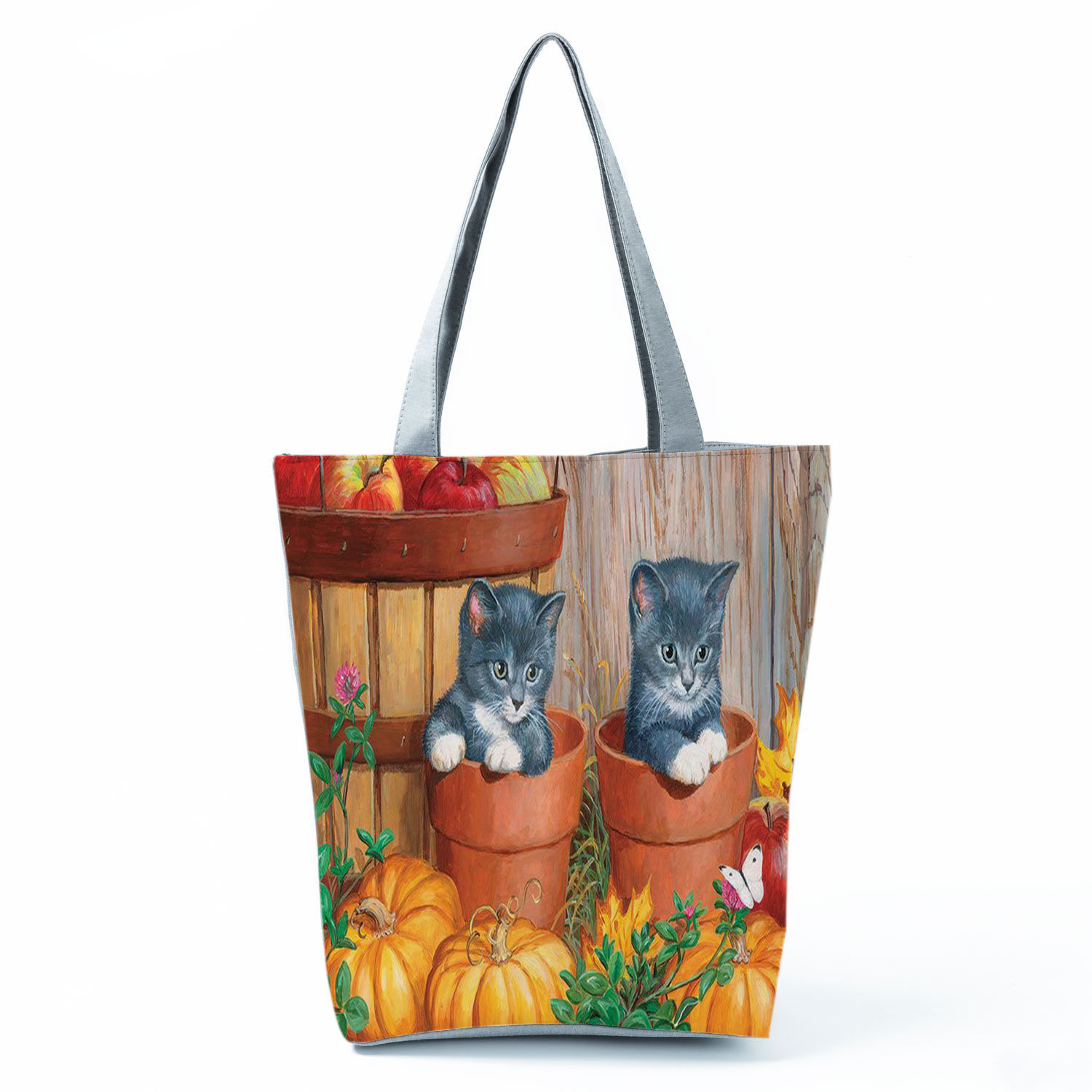 Picture of New cute flower cat printed shoulder bag portable travel storage bag large capacity outdoor tote bag