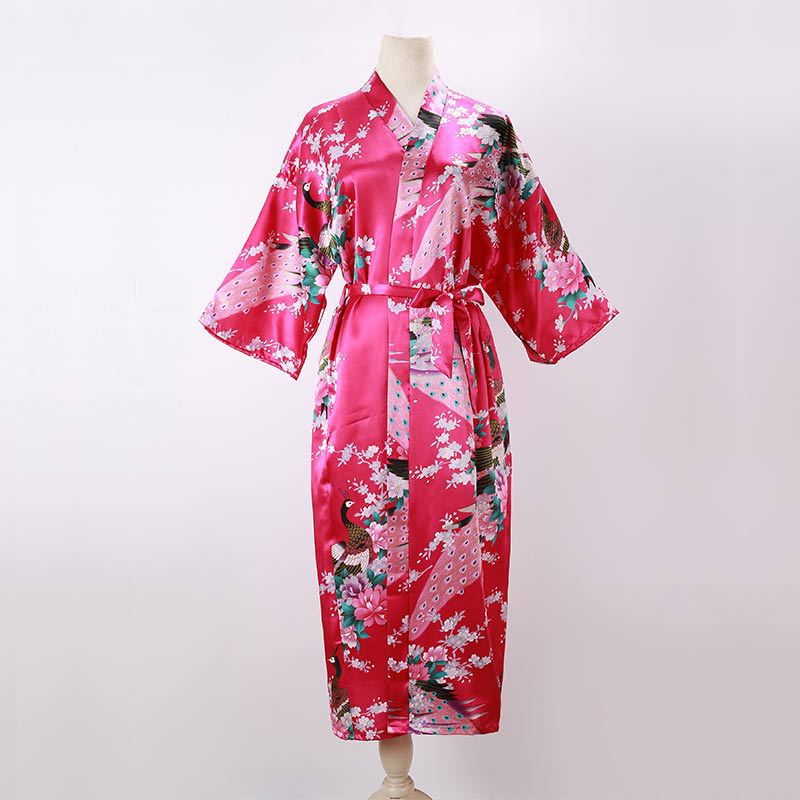 Picture of Women's Sexy Long Pajamas Summer Kimono Robe Thin Peacock Print Bathrobe Imitation Silk Kimono Nightgown Foreign Trade