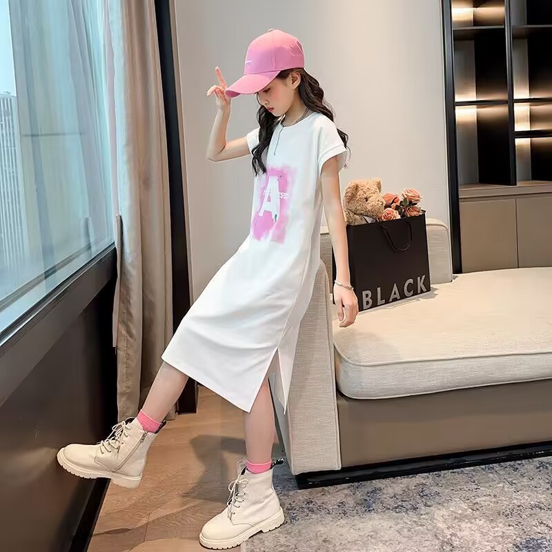 Picture of Girls' Summer Dress New Style Summer Middle and Big Children's Fashionable Korean T-Shirt Dress Long Large Children's Vest Skirt