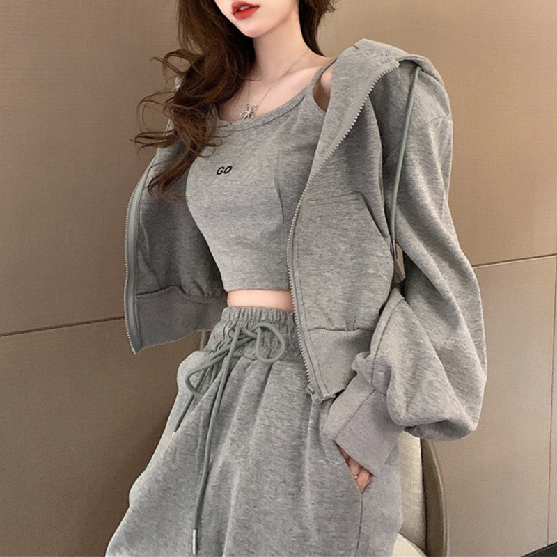 2023 Hong Kong style casual sports suit women's fashion short strap hooded sweater ankle-tied pants three pieces suit