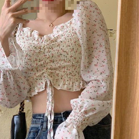 Spring Niche Short Design Retro White Floral Chiffon Shirt Shirt Women's Elegant Long Sleeve Shirt Top