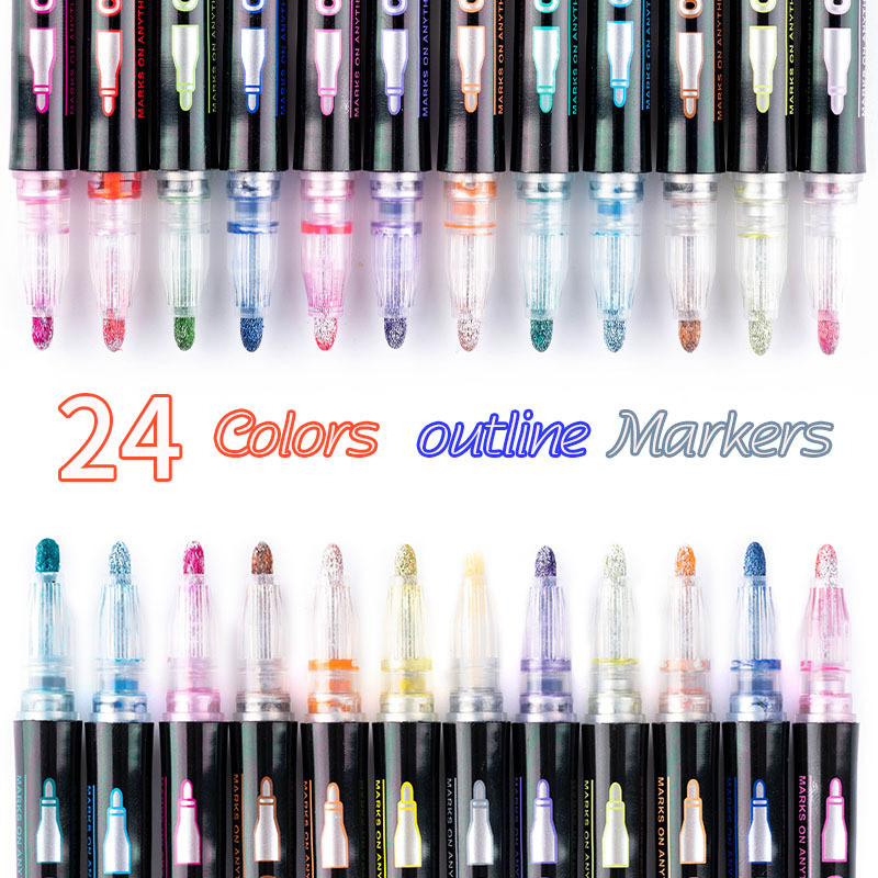Double line Contour pen double line Pen dream color fluorescent marker pen 8 color 12 color 24 color set metal color pen