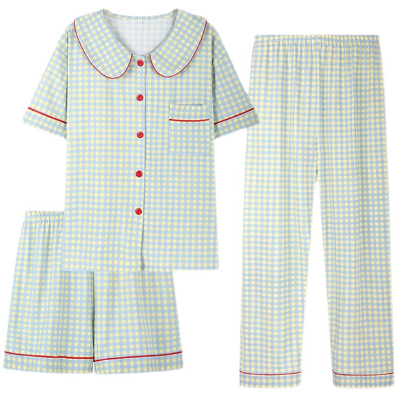 Online Celebrity Live Summer Doll Collar Pajamas Women's Green Short Sleeve Three-Piece Set Buy One Hair for Three Girls Loose Home Clothes