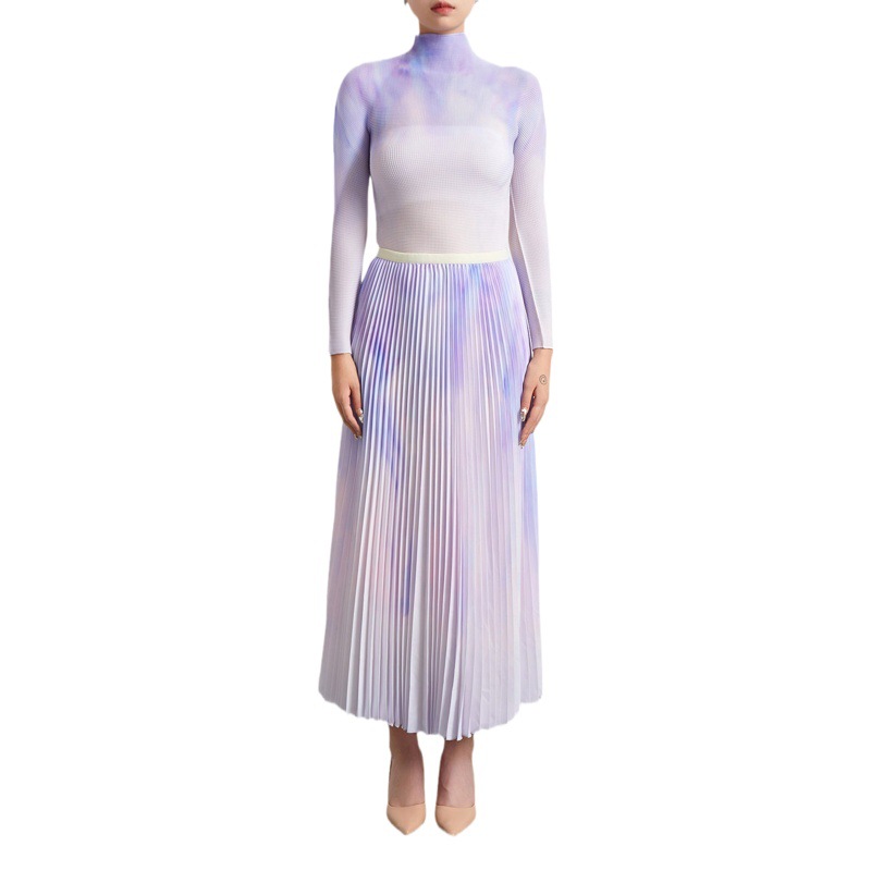 Miyake Fashion Suit Skirt Two-Piece Autumn and Winter High-End Smudged Printed Top Skirt Pleated Suit for Women