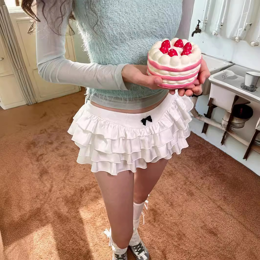 2024 Spring New Korean Designer Sweet Pure Color Splicing Bow Ruffled Layered Cake Skirt