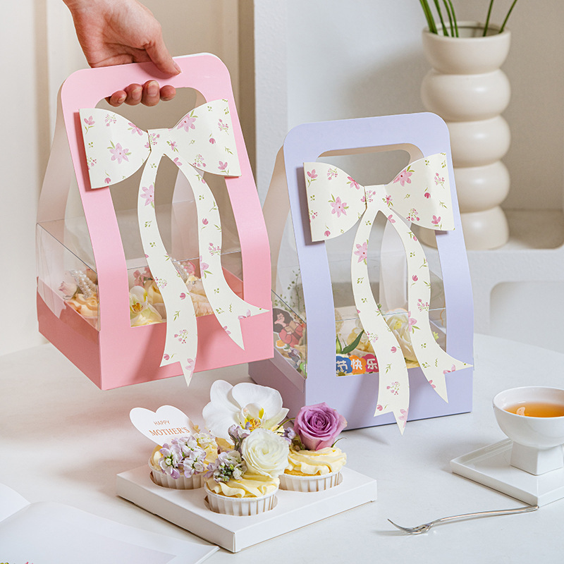 Tanabata Valentine's Day Couple Gift Box Bow 4-grain Portable Paper Cup Cake Box Decorative Packaging Box Transparent