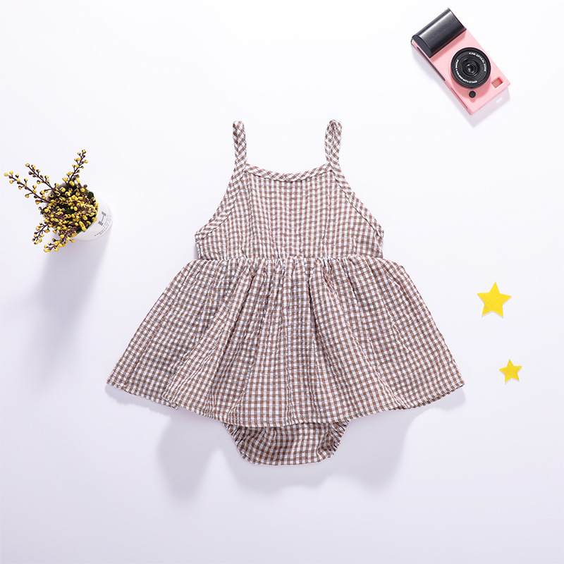 Picture of Summer New Sleeveless Girl's Dress Korean-style Plaid Baby One-piece Clothes Hats for Babies and Children Going Out Sling Dress