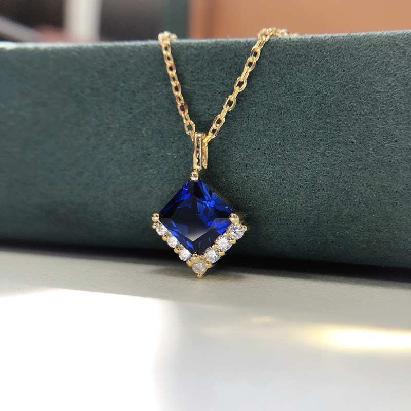 Picture of 925 Sterling Silver Necklace Simple Light Luxury All-match Clavicle Chain Princess Square Blue Diamond Special-shaped Micro Broken Diamond Necklace Japanese and Korean Style