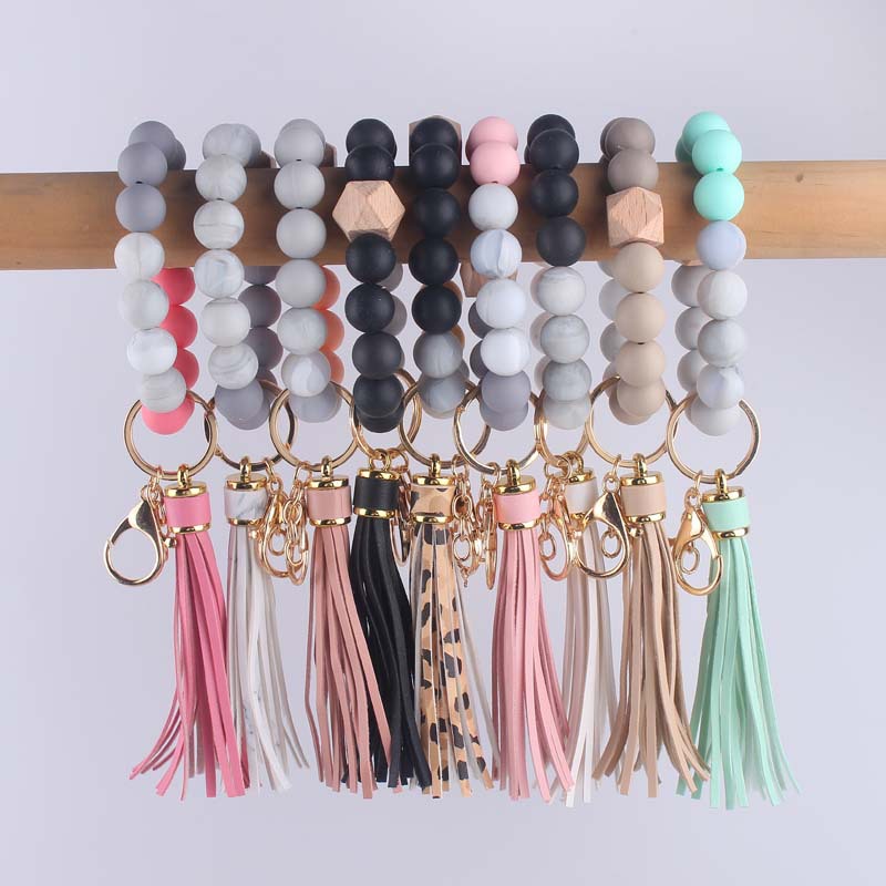 Silicone bracelet wrist keychain pendant leather PU tassel silicone DIY beaded bracelet key ring female accessories