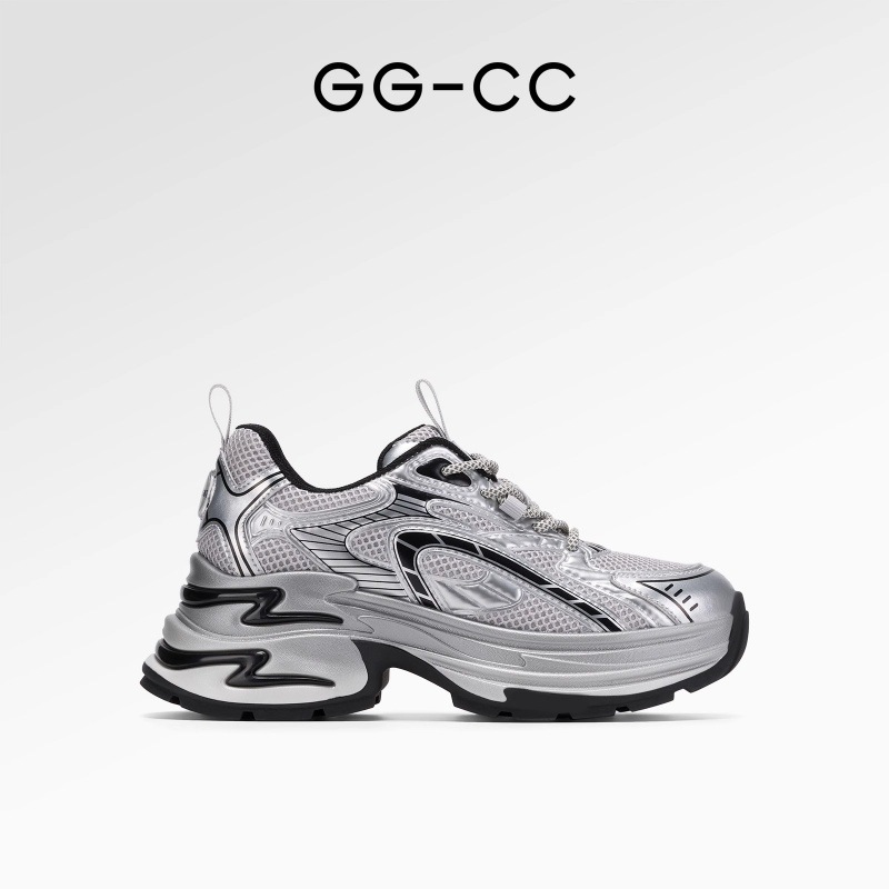 [Same Style as Zhao Lusi] Ggcc2025 New Fashion Silver Thick-Soled Lace-Up Dad Shoes Casual Sports Shoes for Women