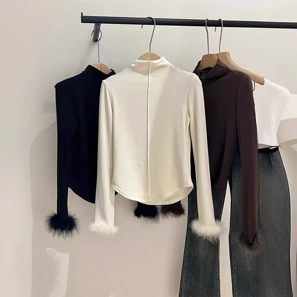 Half-high Collar Base Shirt Women's Autumn and Winter Plus Thin Velvet Slim-fit Fluffy Long-sleeved Atmosphere T-shirt Design Sense Inner Top