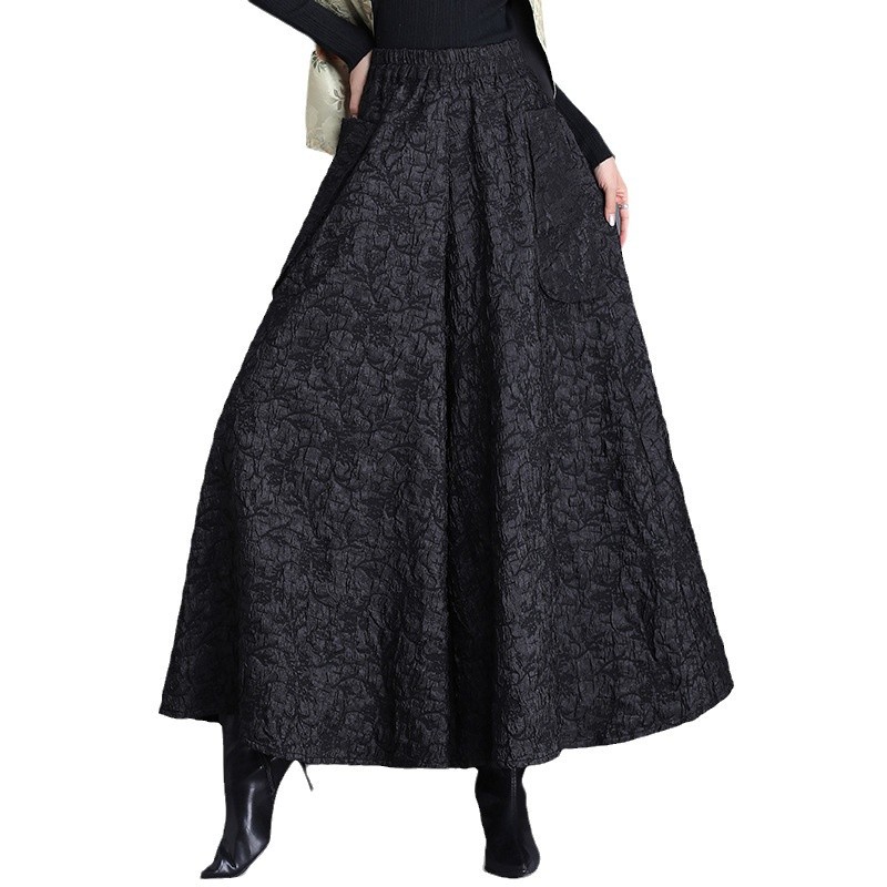 Picture of Real Shot of National Style Embossed Jacquard Wide-Leg Pants for Women in Autumn and Winter New Large Size Slimming Look Large Hem Umbrella Culottes Casual Boot Pants