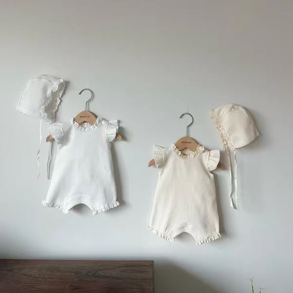 INS Korean style summer baby girl waffle lace jumpsuit baby flying sleeve romper newborn clothes