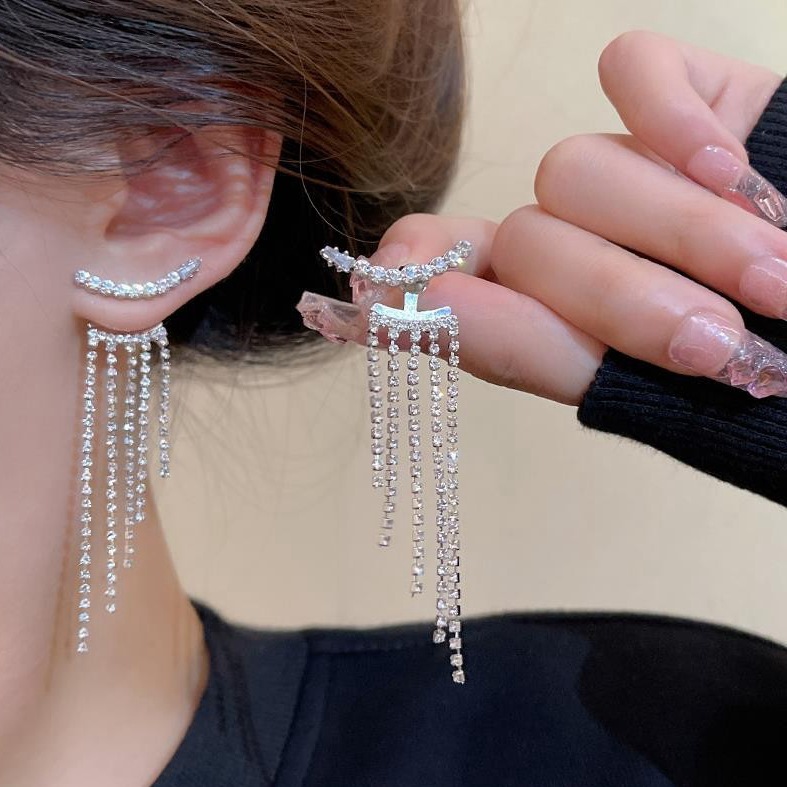 2025 New Sparkling Long Tassel Zircon Earrings Fashionable Long Design Fashionable Fashion Earrings Trendy