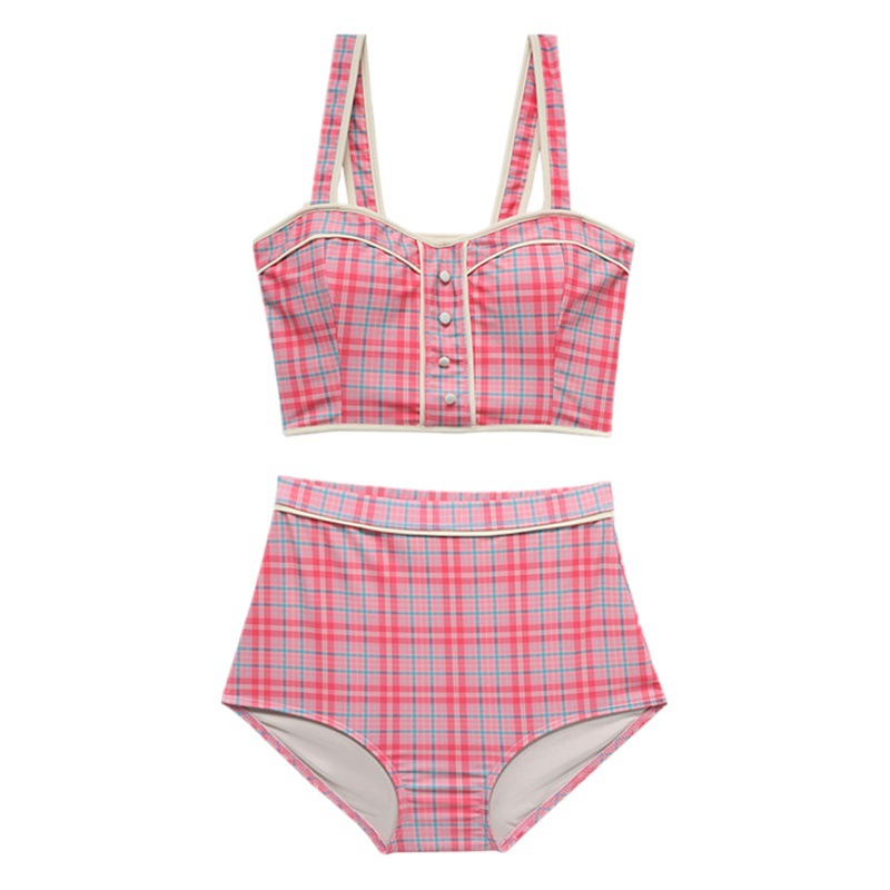 2023 New Korean Style Split Swimsuit Girl's Fresh Style Plaid High Waist Belly Covering Slimming Hot Spring Holiday Bikini