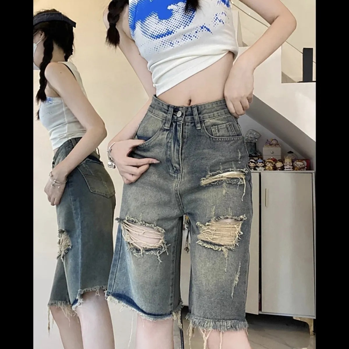 Vintage Ripped Five-point Denim Shorts Women's Summer 2024 New Arrival Loose Slimming High Street Design Wide-leg Mid-length Pants