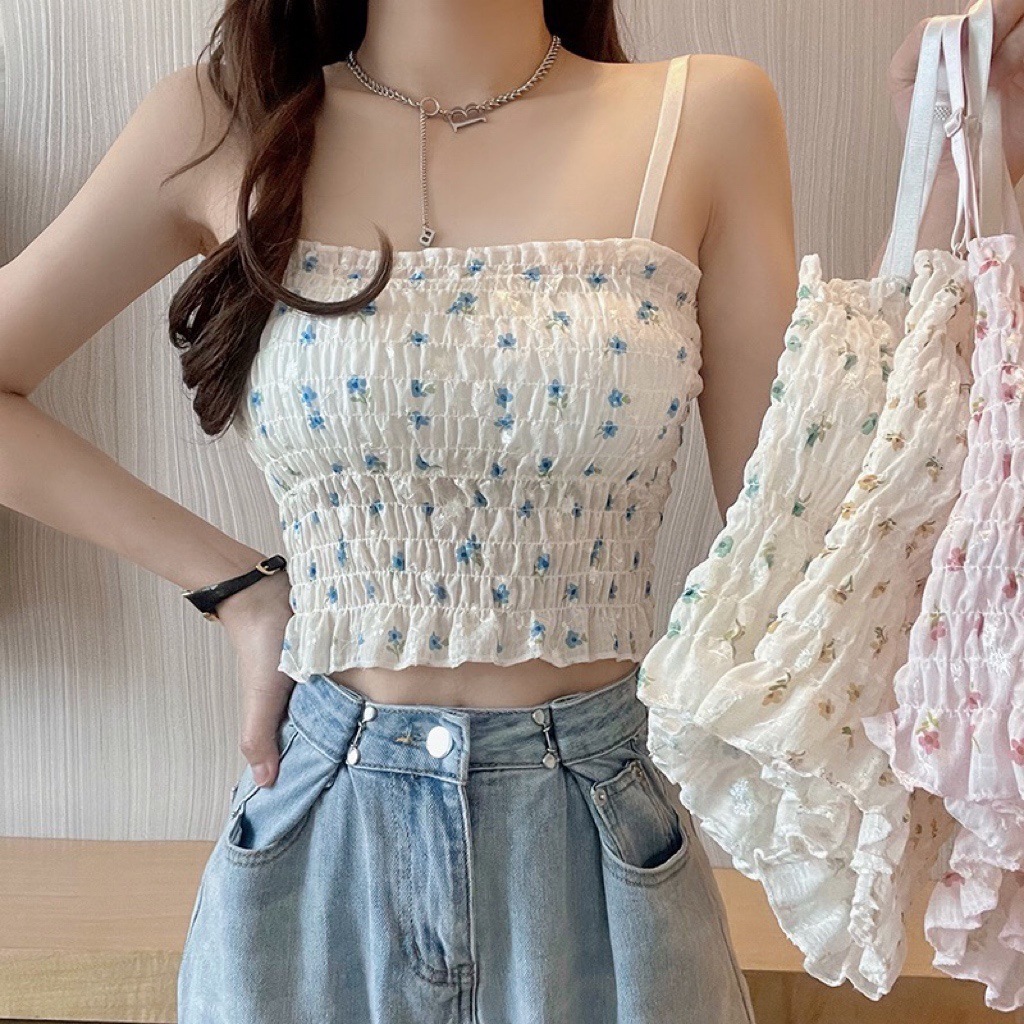 Pleated Small Floral Chic Small Camisole Women's Beautiful Strap Chest Pad Inner Wear Outer Wear Summer Bottoming Sleeveless Top