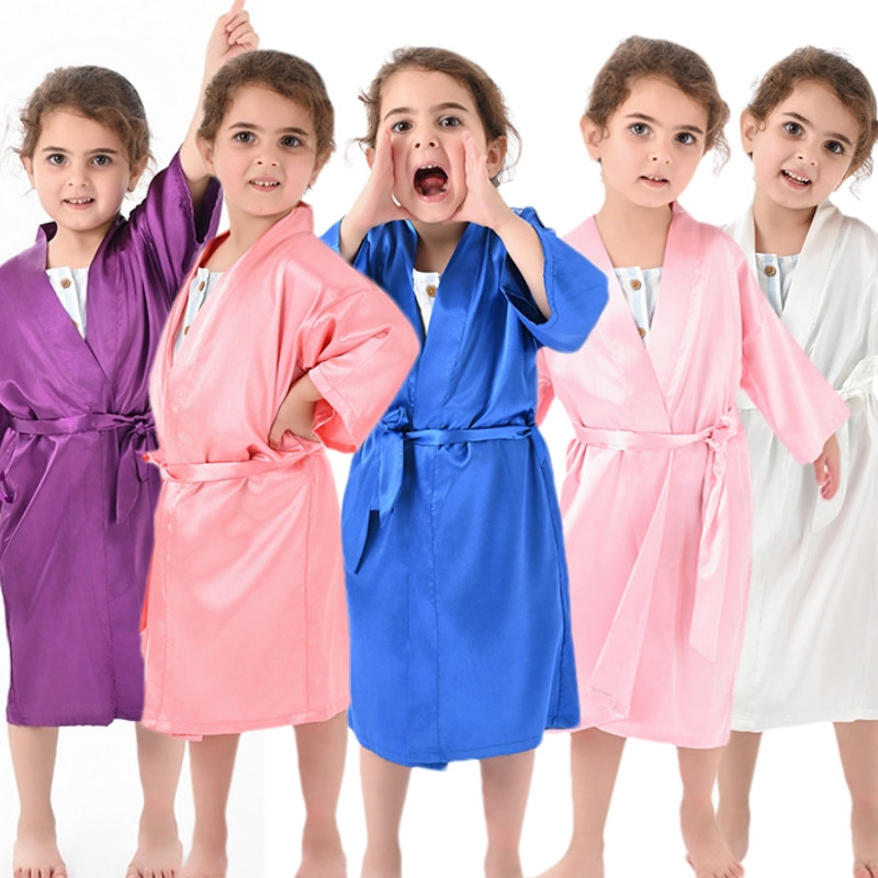 Cross-Border Solid Color Imitation Silk Children's Bathrobe Export Big Children's Satin Nightgown Baby Catwalk Cardigan Boys and Girls Bathrobe