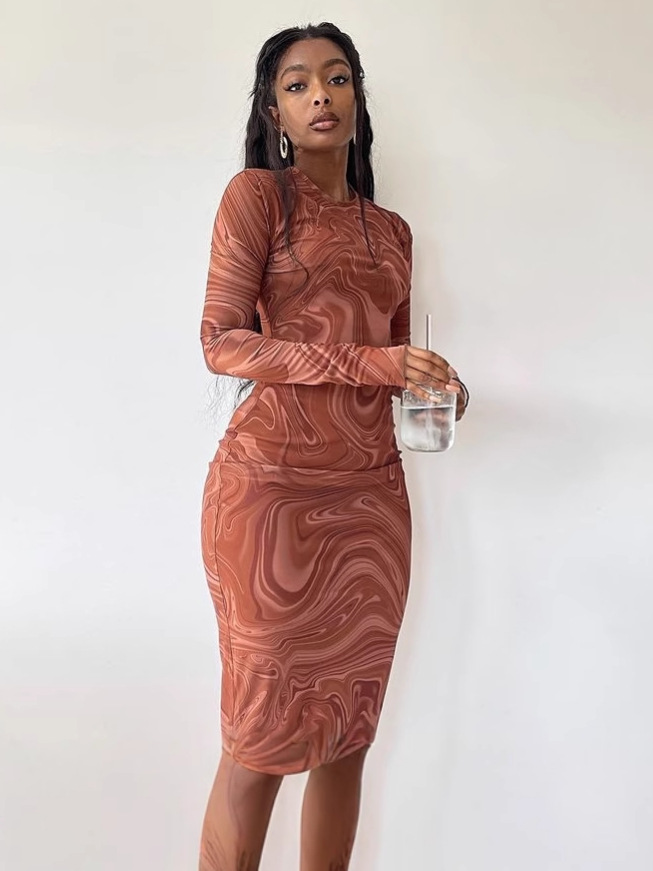 Pullover Hip Foreign Trade Dress Round Neck Bag Style Short-Sleeved Mid-Length European and American Long-Sleeved Tight Dress Printing