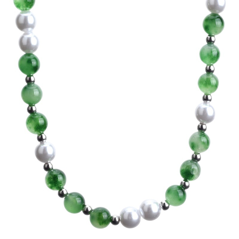 Pearl Jade Stitching Beaded Clavicle Necklace Neutral Style Double Color Overlapped Short Necklace Jewelry for Men and Women Couple