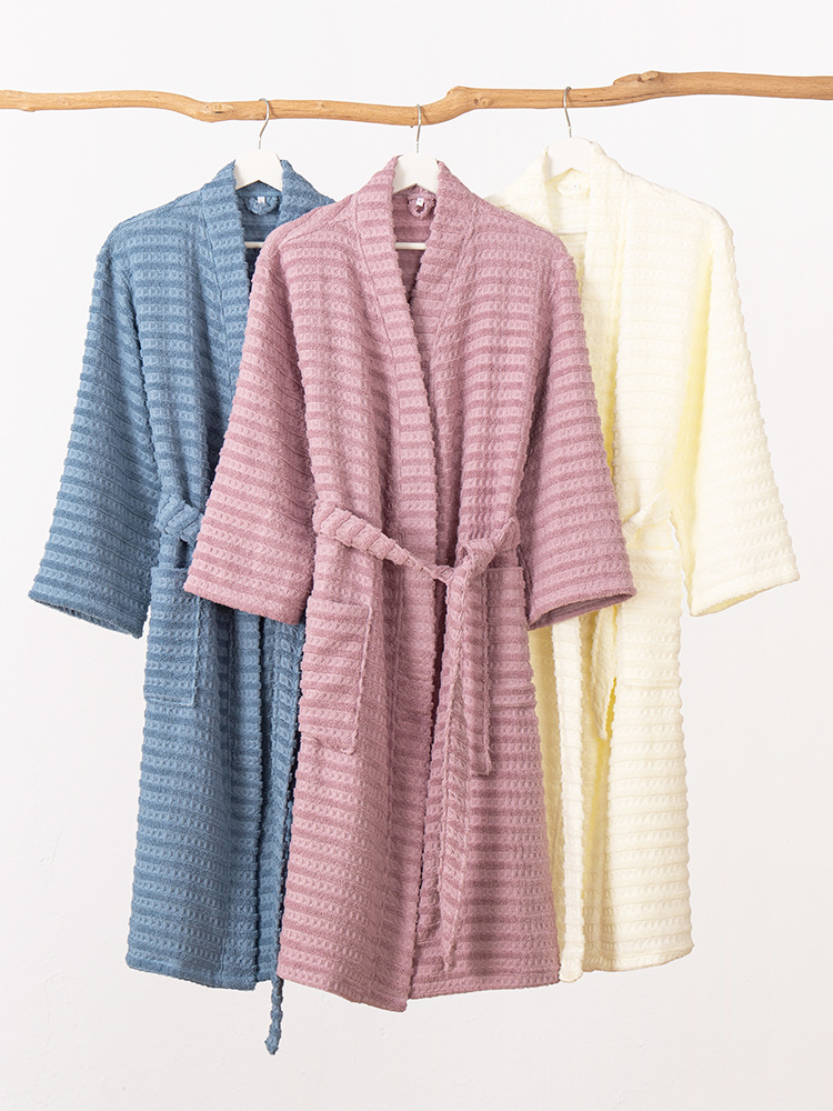 Four Seasons Cotton Bathrobe Bathrobe Thickeneded and Fattened Kimono Collar Terry Plus Honeycomb Combination for Home Use for Men and Women