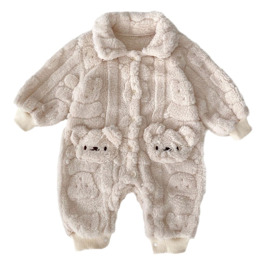 Ins Winter Baby Jumpsuit, Home Clothes, Velvet Baggy Clothes, Super Cute Baby Bear Flap Pocket Pants Pajamas, Crawling Clothes