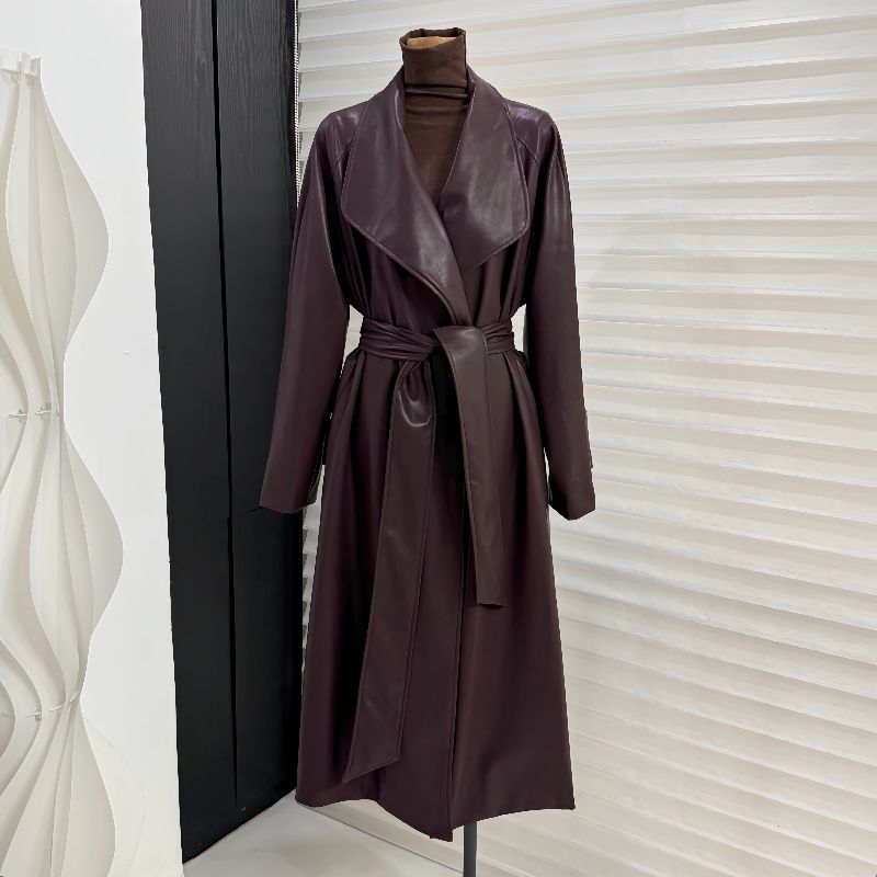 2025 New Autum Style French Style Large Lapel Mid-Length Leather Outwear Women's Waist-Length Over-The-Knee Windbreaker Outwear