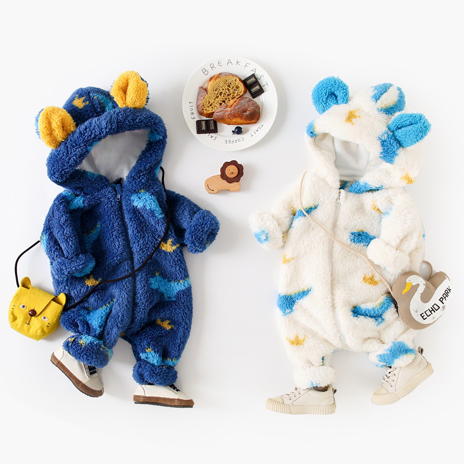Baby Clothes Korean Style Thickened fleece-lined Baby Boy Newborn Autumn and Winter Dinosaur Baby Boys' Warm Animal Climbing Clothes